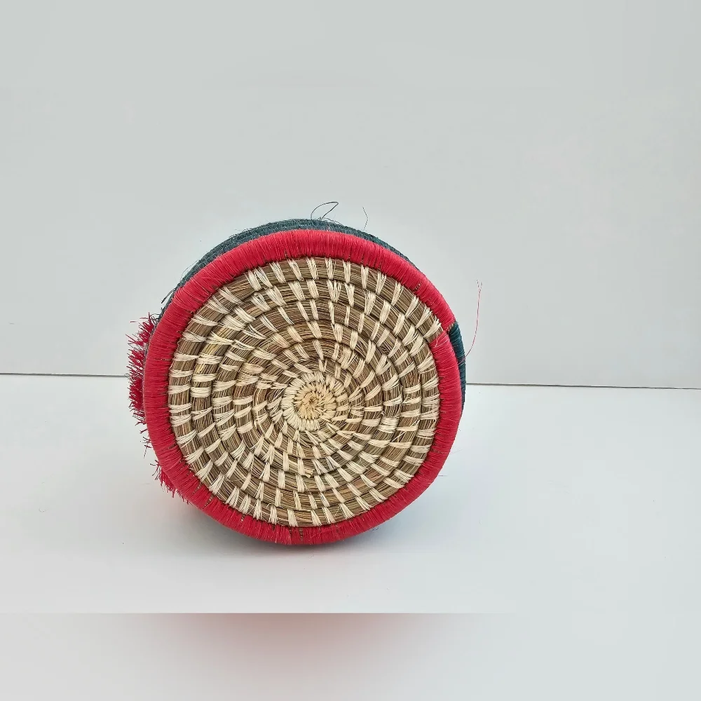 Handmade Rwandan Coiled Sisal Basket Vase Teal with Layered Tassels Boho Art